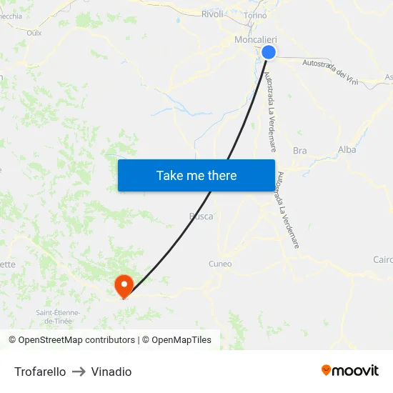 Trofarello to Vinadio map