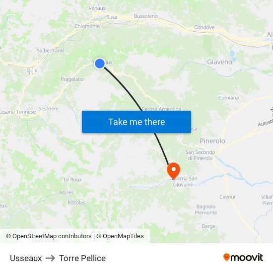 Usseaux to Torre Pellice map