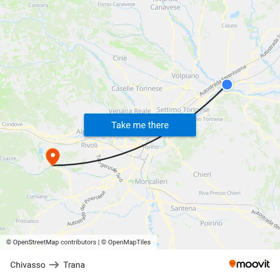 Chivasso to Trana map