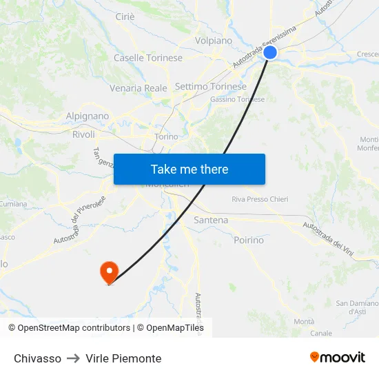 Chivasso to Virle Piemonte map
