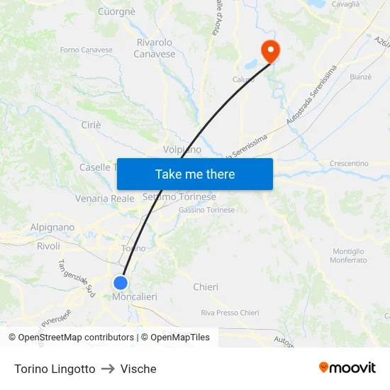 Turin Lingotto to Vische map
