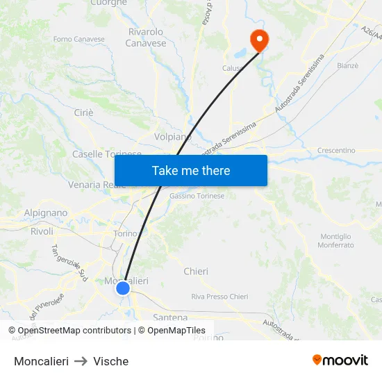 Moncalieri to Vische map