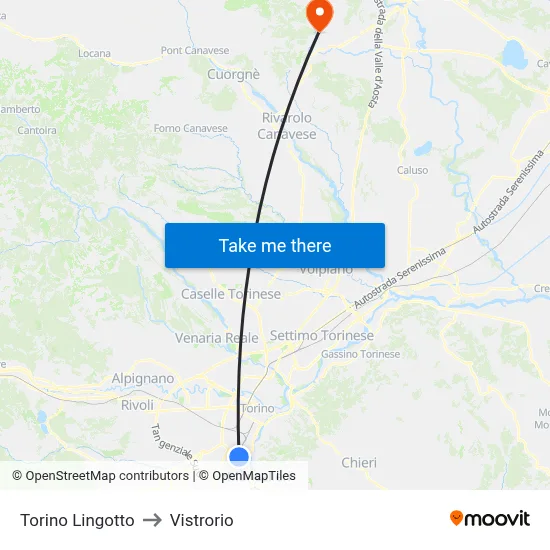 Turin Lingotto to Vistrorio map