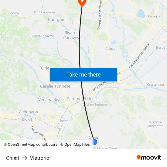 Chieri to Vistrorio map