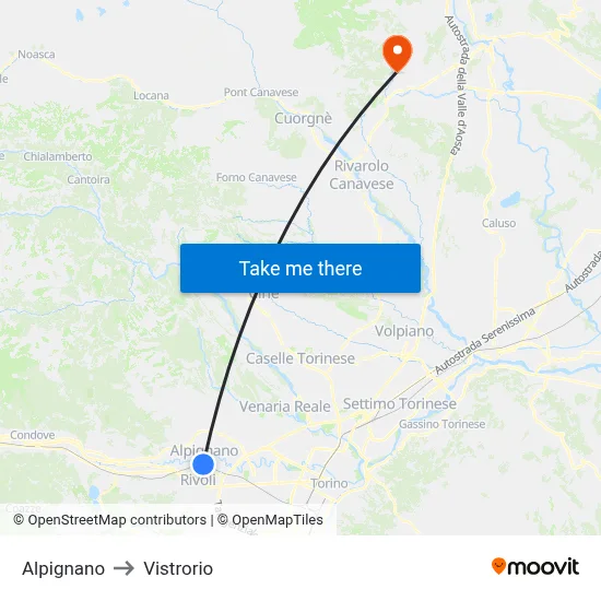 Alpignano to Vistrorio map