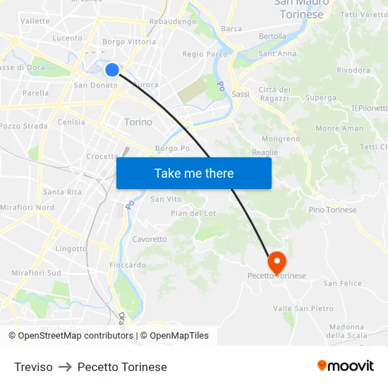 Treviso to Pecetto Torinese map