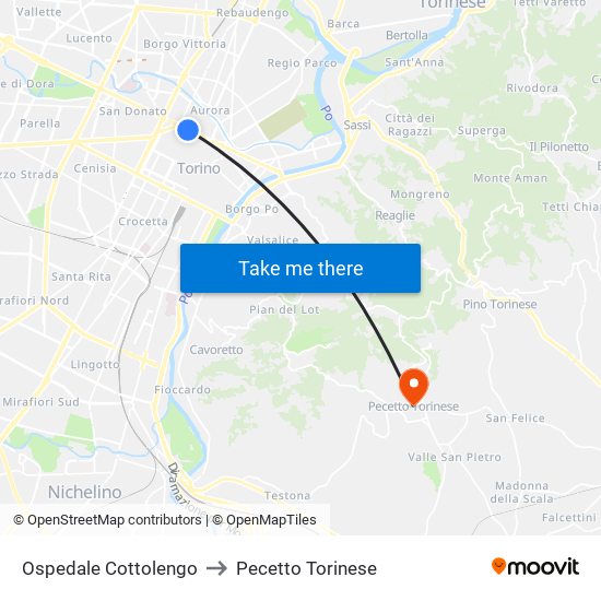 Ospedale Cottolengo to Pecetto Torinese map