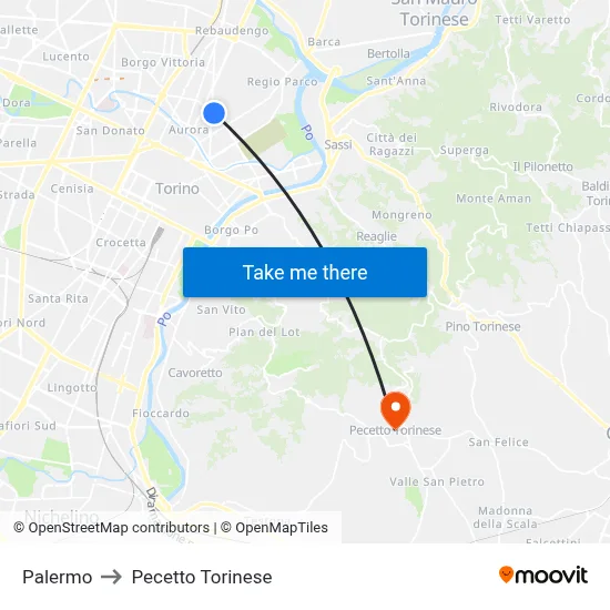 Palermo to Pecetto Torinese map