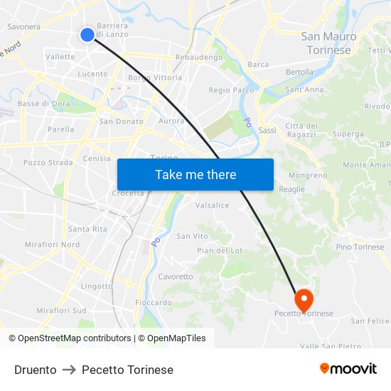 Druento to Pecetto Torinese map