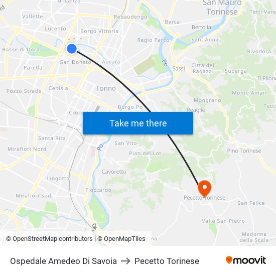 Ospedale Amedeo Di Savoia to Pecetto Torinese map