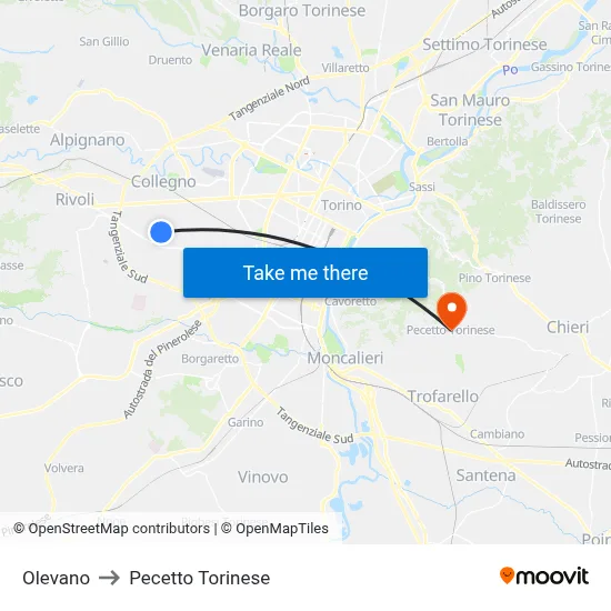 Olevano to Pecetto Torinese map