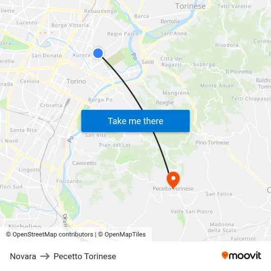 Novara to Pecetto Torinese map