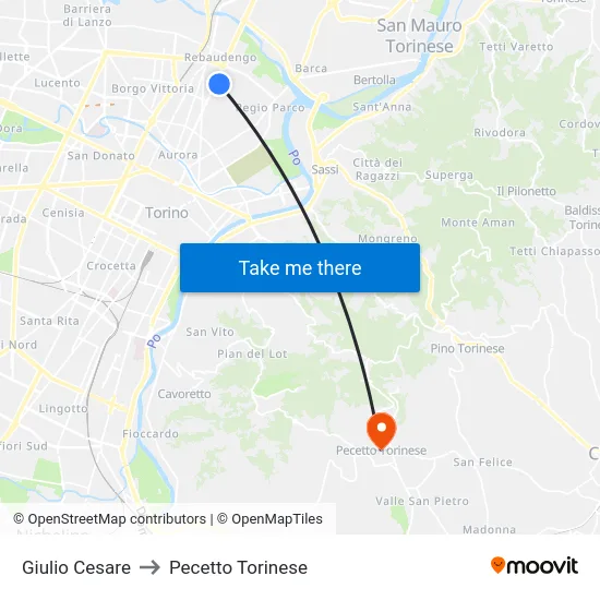 Giulio Cesare to Pecetto Torinese map