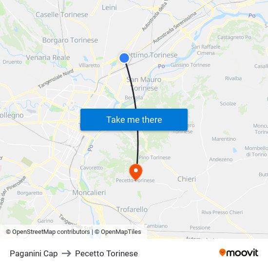 Paganini Cap to Pecetto Torinese map
