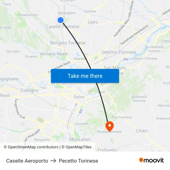 Turin Caselle Airport to Pecetto Torinese map