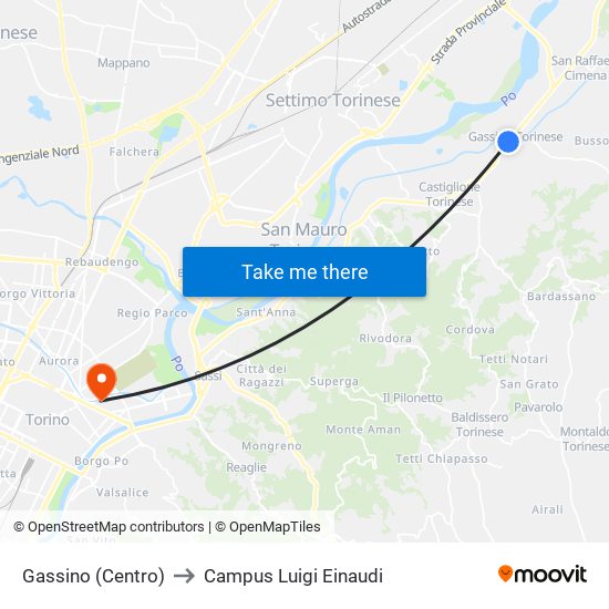 Gassino (Centro) to Campus Luigi Einaudi map