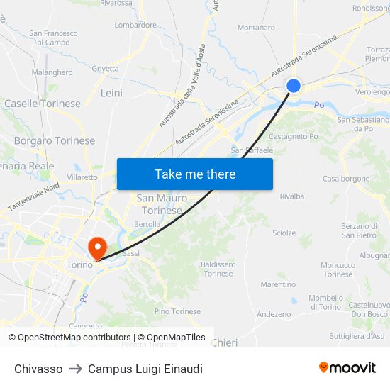 Chivasso to Campus Luigi Einaudi map
