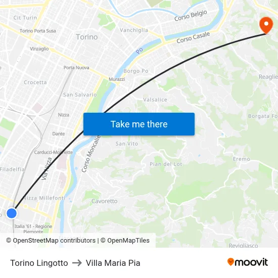 Turin Lingotto to Villa Maria Pia map