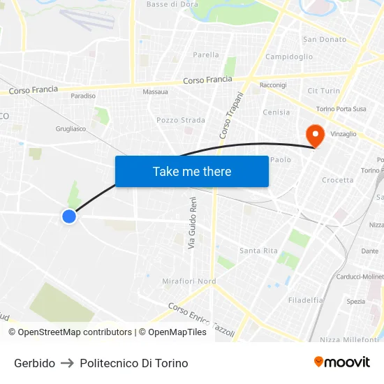 Gerbido to Polytechnic of Turin map