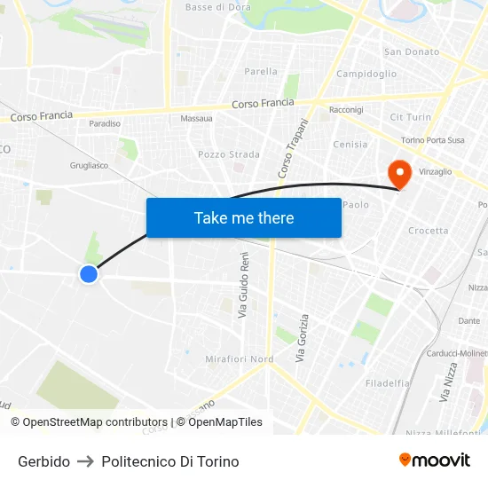 Gerbido to Polytechnic of Turin map