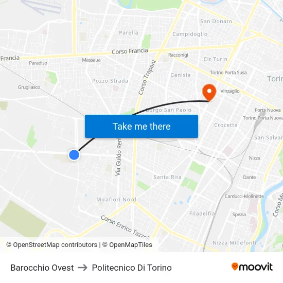 Barocchio West to Polytechnic of Turin map