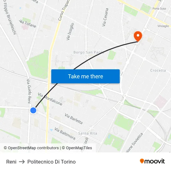 Reni to Polytechnic of Turin map