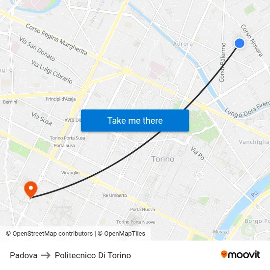 Padua to Polytechnic of Turin map