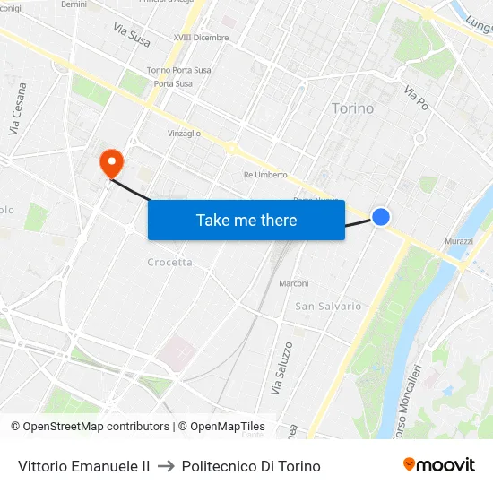 Vittorio Emanuele II to Polytechnic of Turin map