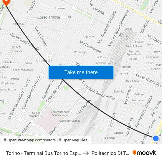 Turin - Torino Esposizioni Bus Terminal to Polytechnic of Turin map