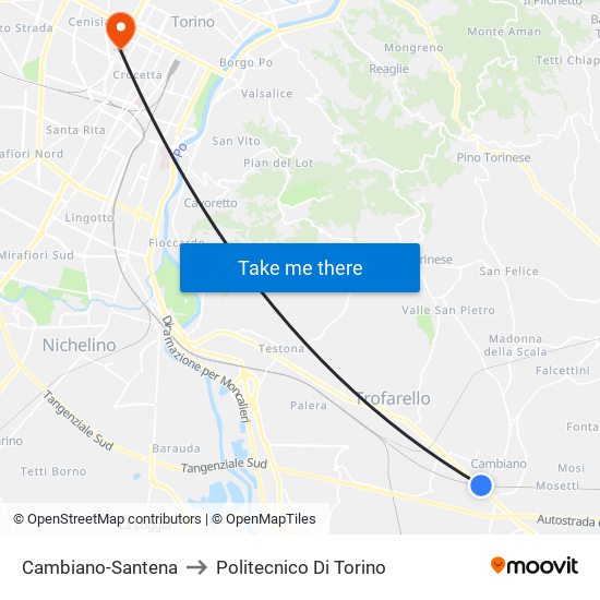 Cambiano-Santena to Politecnico Di Torino map