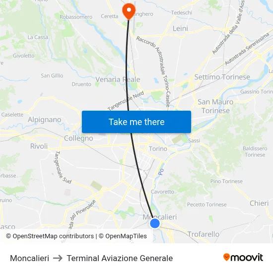 Moncalieri to General Aviation Terminal map
