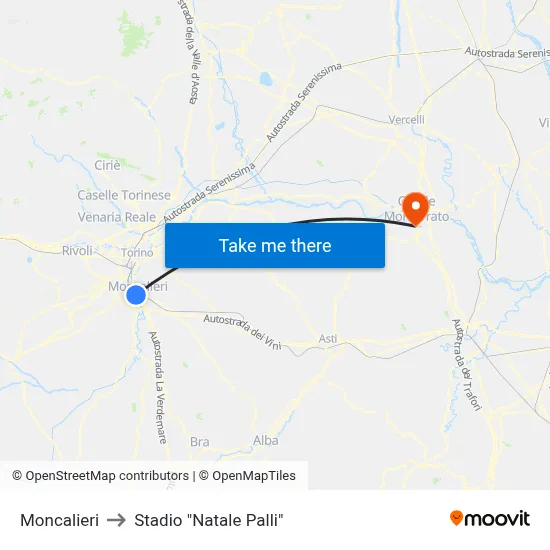 Moncalieri to "Natale Palli" Stadium map