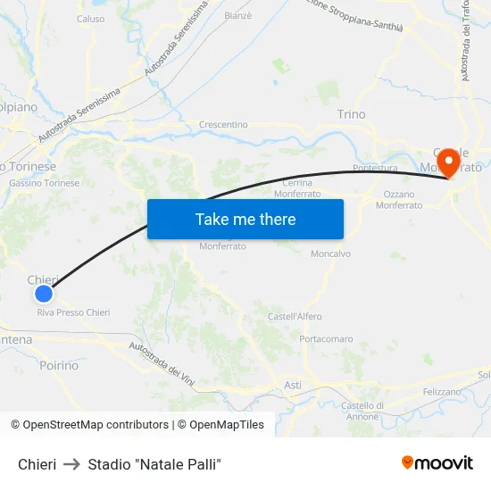 Chieri to "Natale Palli" Stadium map