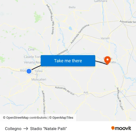 Collegno to "Natale Palli" Stadium map