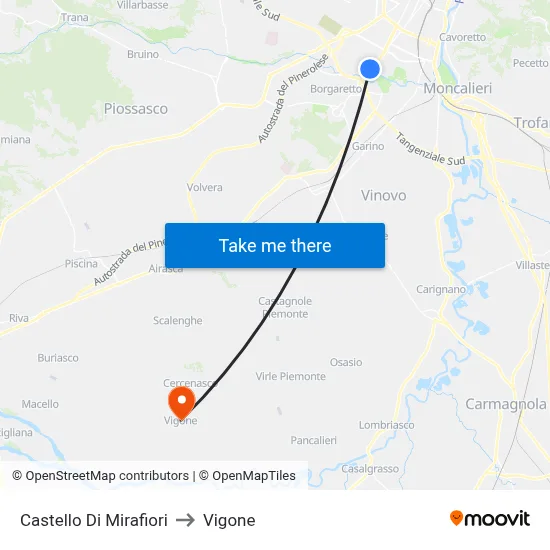Mirafiori Castle to Vigone map