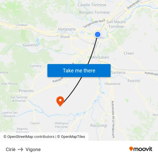 Ciriè to Vigone map