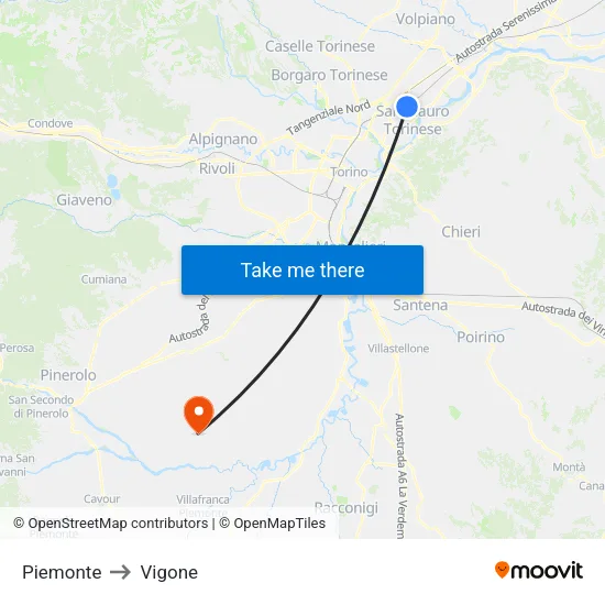 Piemonte to Vigone map