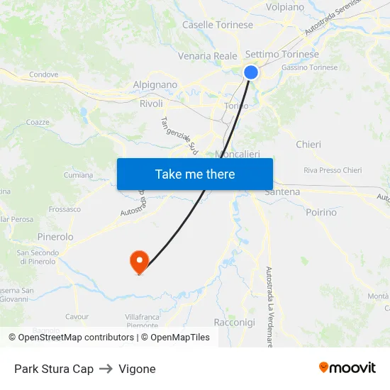 Park Stura Terminal to Vigone map