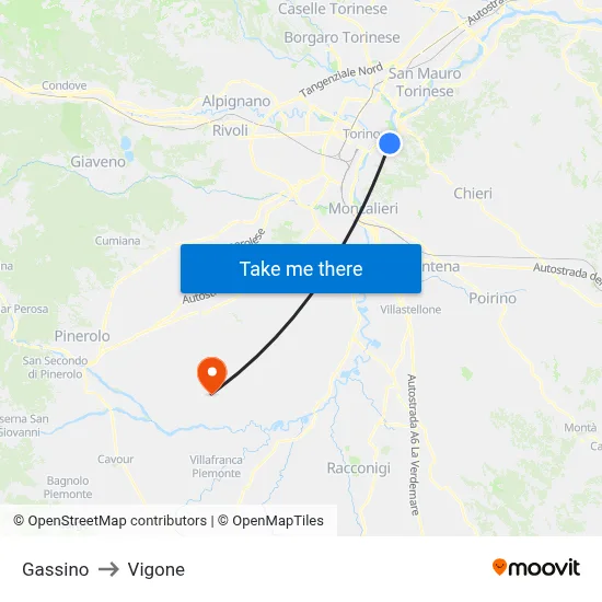 Gassino to Vigone map