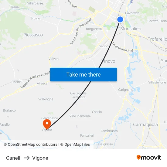 Canelli to Vigone map
