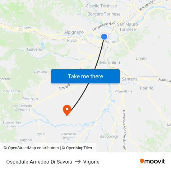 Amedeo Di Savoia Hospital to Vigone map