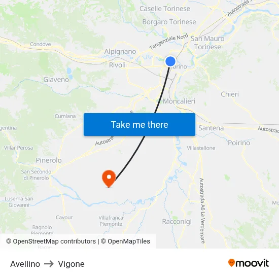 Avellino to Vigone map