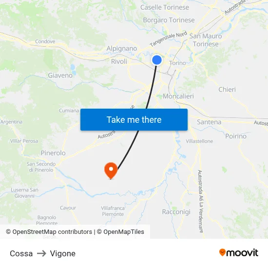 Cossa to Vigone map
