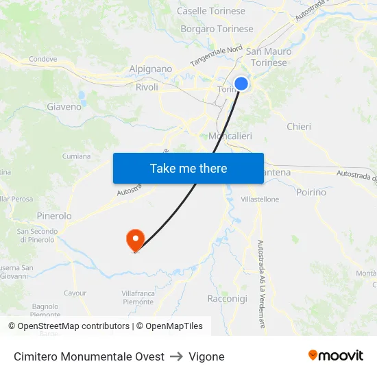 Monumental Cemetery West to Vigone map