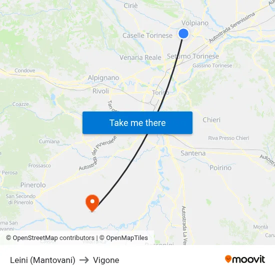 Leini (Mantovani) to Vigone map