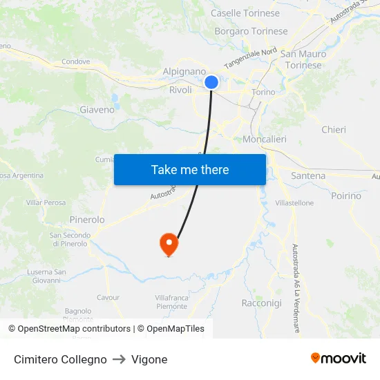 Collegno Cemetery to Vigone map
