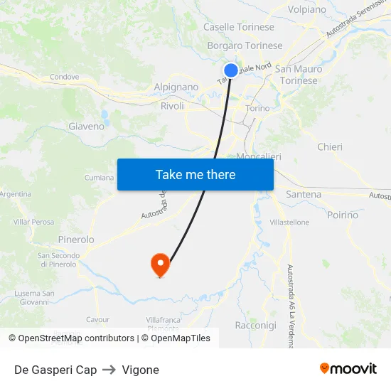 De Gasperi Terminal to Vigone map