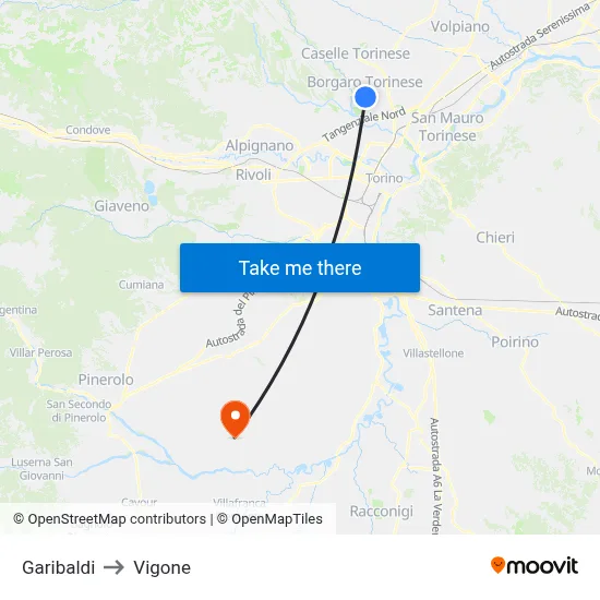 Garibaldi to Vigone map