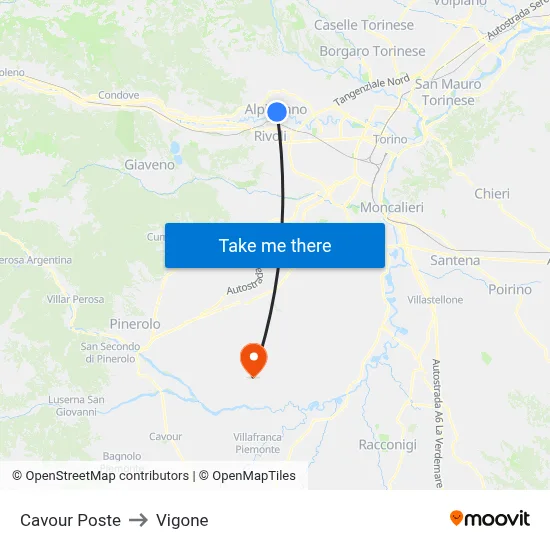 Cavour Post Office to Vigone map