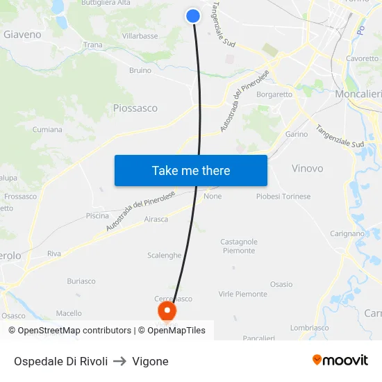 Rivoli Hospital to Vigone map